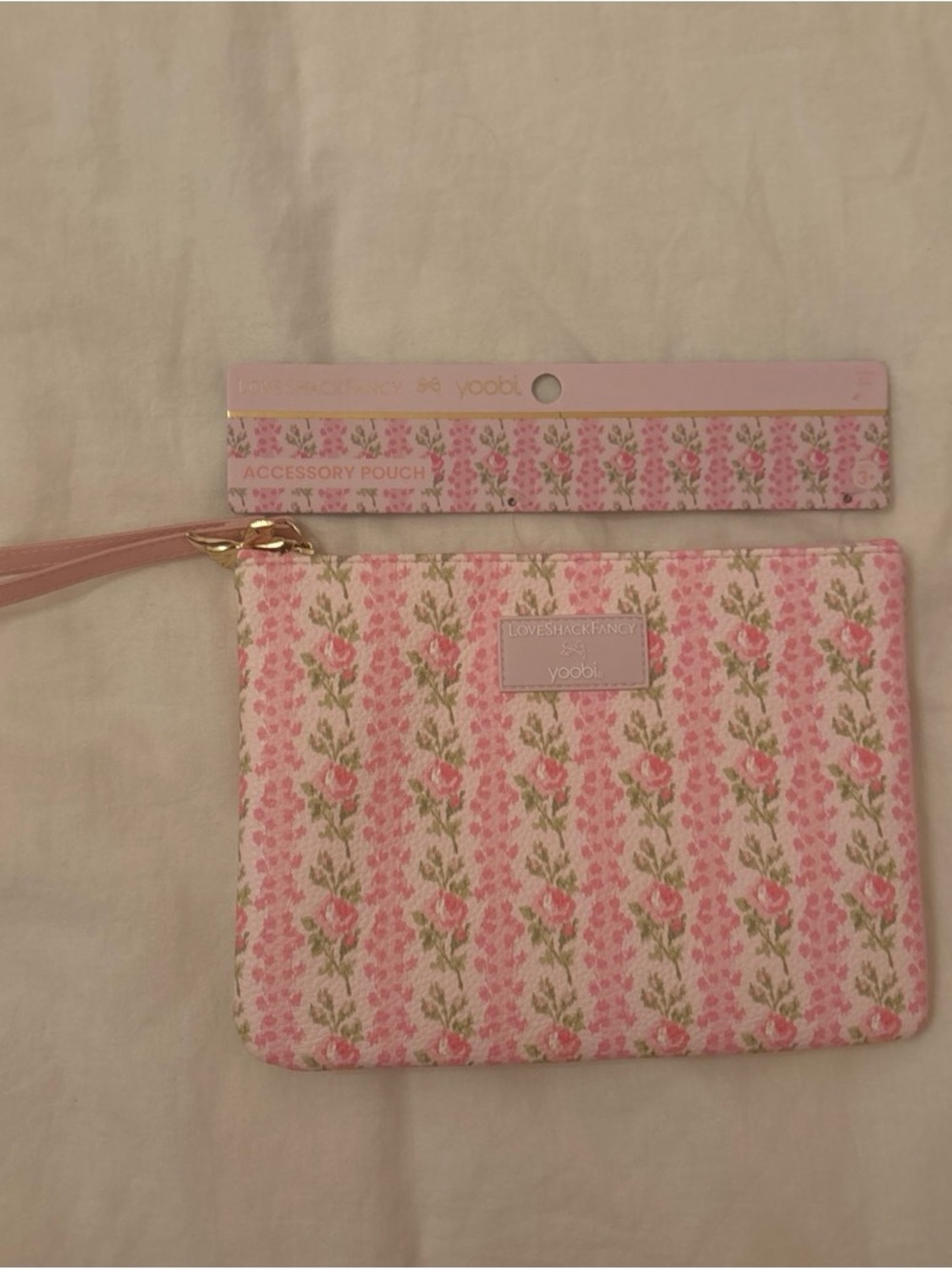 LoveShackFancy x yoobi Pink Floral Wristlet Pouch with Gold Accent